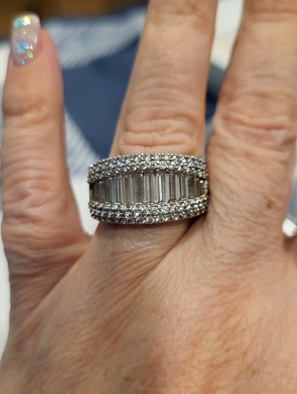 Sparkling Baguette & Round Cz Wide Band Ring - Silver Tone